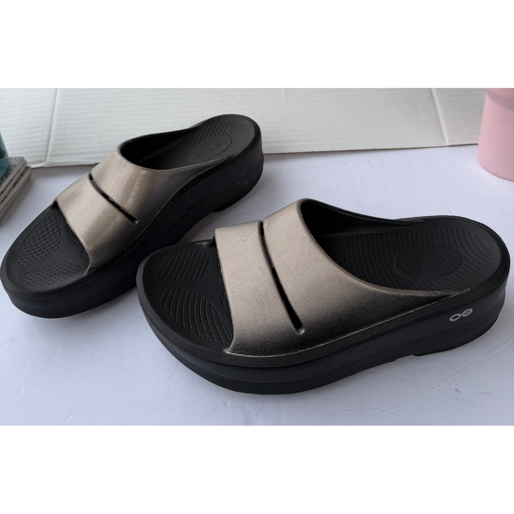 Oofos Metallic Slide Sandals - Women's Bronze/Black